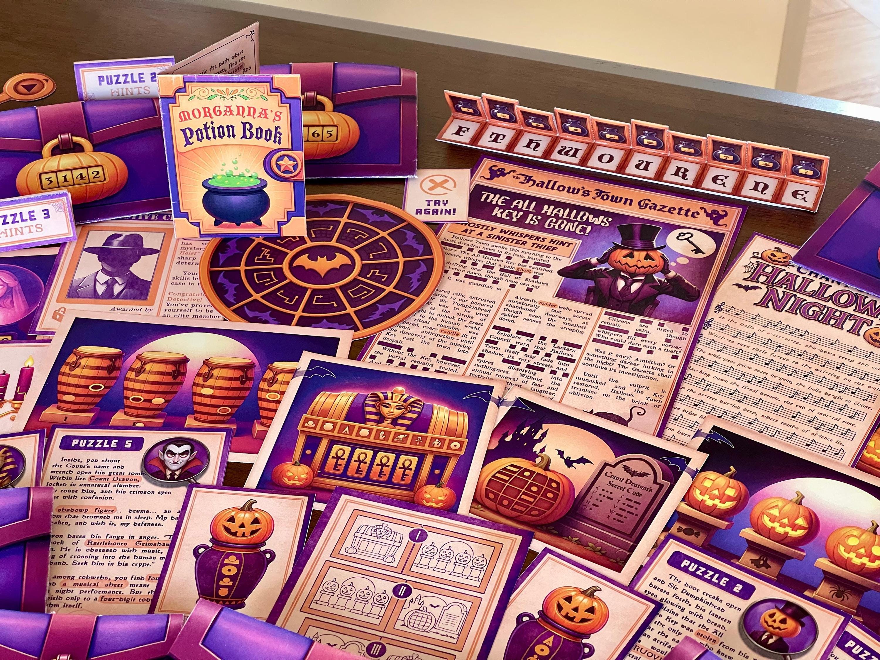 Printable Halloween Escape Room Game Kit – Halloween Heist. Includes story cards, puzzle sheets, and clues to print at home. Perfect DIY activity for kids, teens, families, classrooms, and parties. Easy setup, medium difficulty, about 60 minutes of spooky fun.