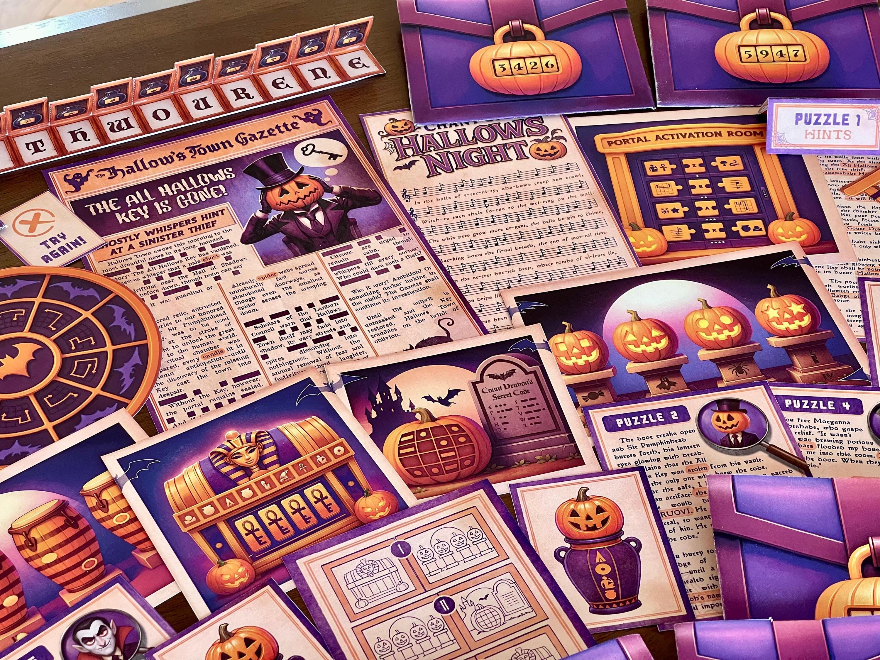 DIY Halloween escape game setup. Print, cut, and arrange puzzles for an instant at-home escape room experience. Easy prep, digital download, fun for ages 8+, medium challenge level.