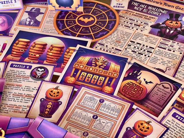 Puzzle sheets from Halloween Heist escape room printable. Includes pumpkin lock puzzle, keys, codes, and clues. Fun DIY mystery adventure for Halloween parties or family game night. Designed for 2–6 players, ages 8+, about one hour of gameplay.