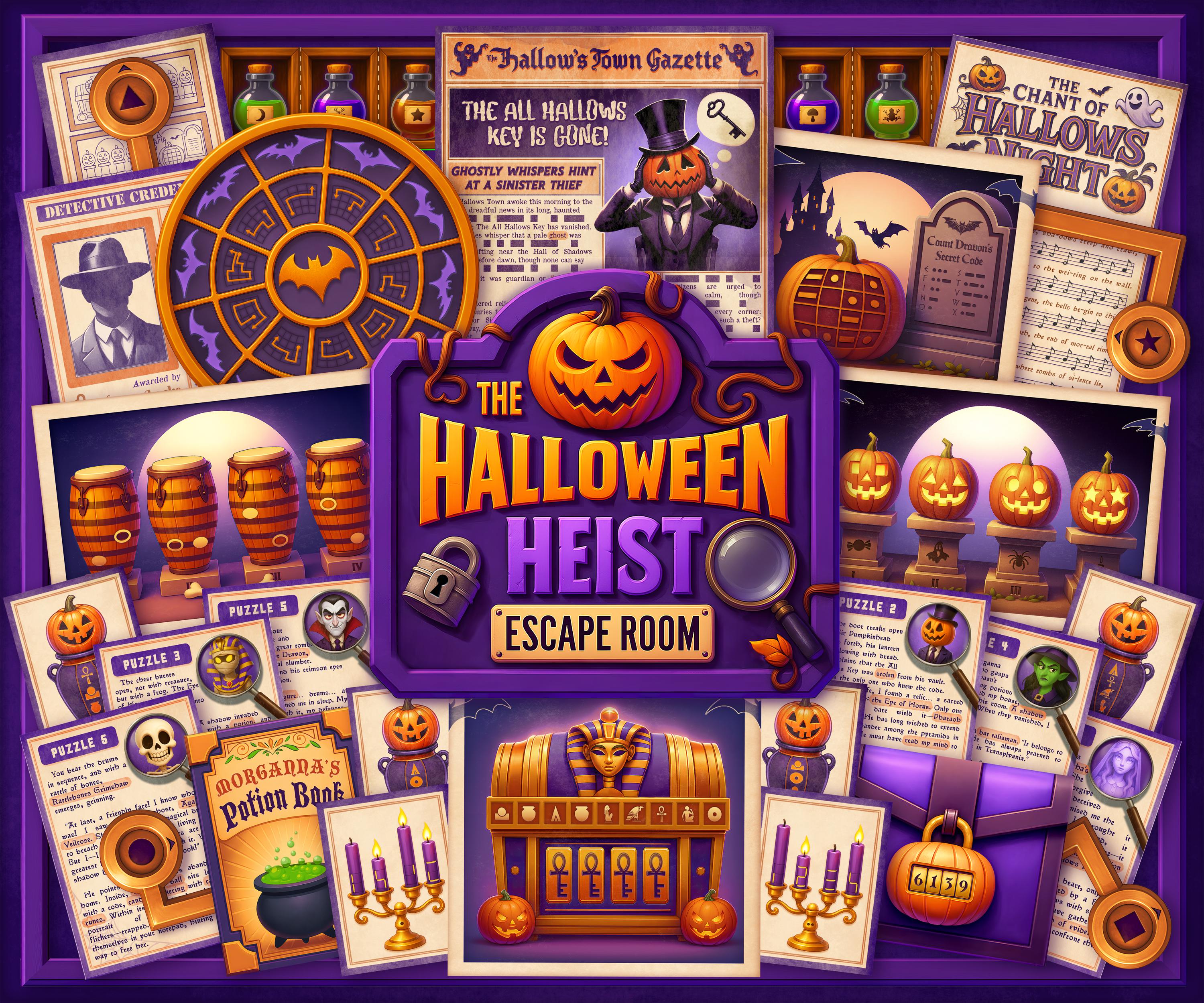 Halloween Escape Room Printable – instant download PDF with puzzles, clues, story, and solution guide. Designed for Halloween parties, classrooms, and family game night. Medium difficulty, about 60 minutes to play.