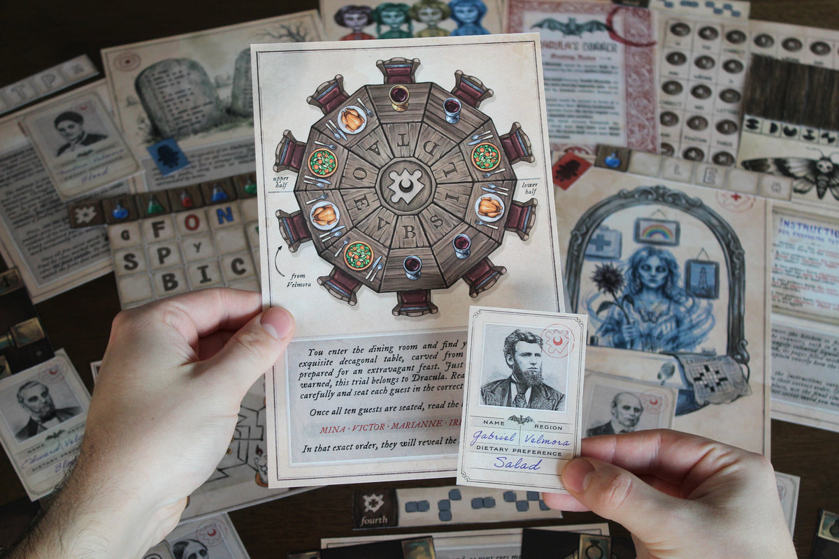Player holding Dracula’s dinner table and vampire guest card from The Halloween House printable escape room. The hands-on seating puzzle is surrounded by Bloody Mary’s haunted mirror, potion clues, cemetery materials, haunted dolls, and coded Halloween components. This printable escape room for adults and teens features varied logic, deduction, wordplay, and physical paper puzzles inspired by Dracula, witches, ghosts, haunted dolls, Bloody Mary, and other classic Halloween themes.