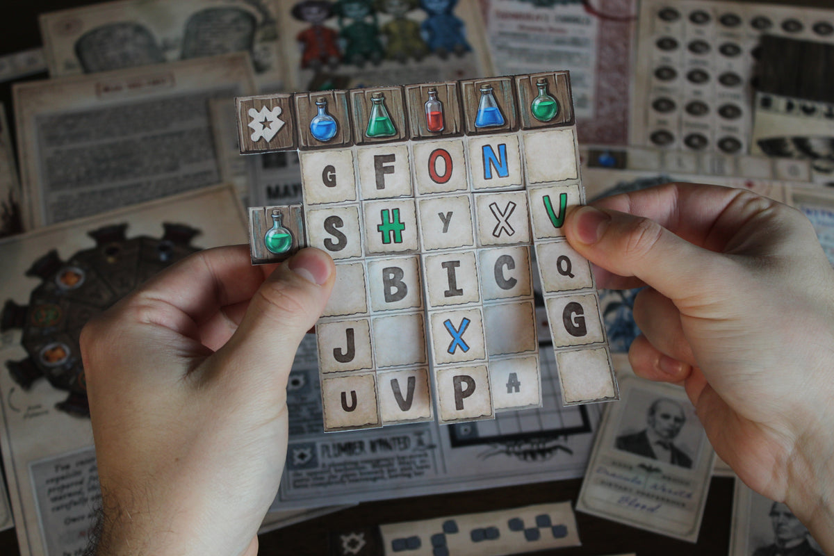 Player holding the witch’s potion puzzle from The Halloween House printable escape room, showing colored potion bottles, letter tiles, and an interactive woven grid used to reveal a secret word. Other Halloween puzzle materials appear in the background, including The Midnight Gazette, Dracula’s dinner, cemetery clues, and Bloody Mary’s mirror. This DIY escape room for adults and teens combines potion logic, physical paper manipulation, wordplay, deduction, and classic spooky themes.
