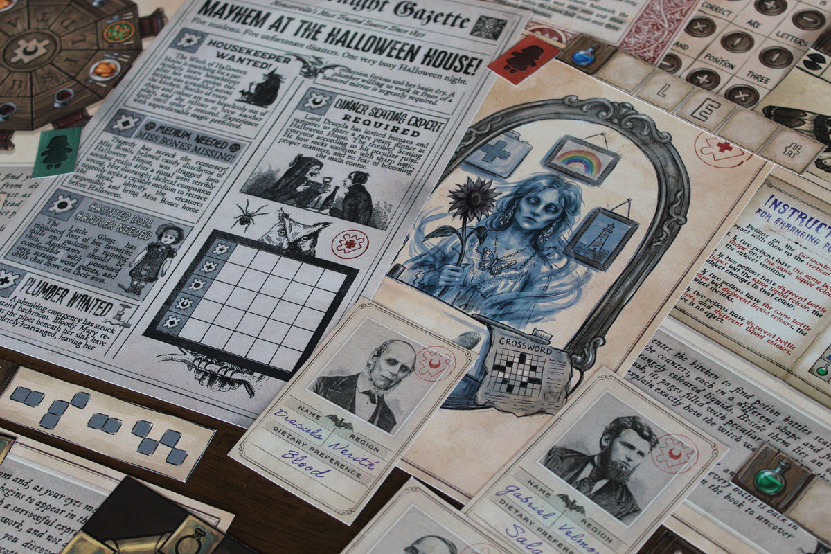 Detailed view of The Halloween House printable escape room with Bloody Mary appearing in a haunted bathroom mirror, The Midnight Gazette newspaper, vampire guest cards, potion instructions, coded letter tiles, and Halloween puzzle pieces. This spooky DIY escape room for adults and teens uses interactive paper components, wordplay, logic, visual clues, and physical puzzle solving to create an immersive Halloween party game, date night activity, or at-home escape room experience.
