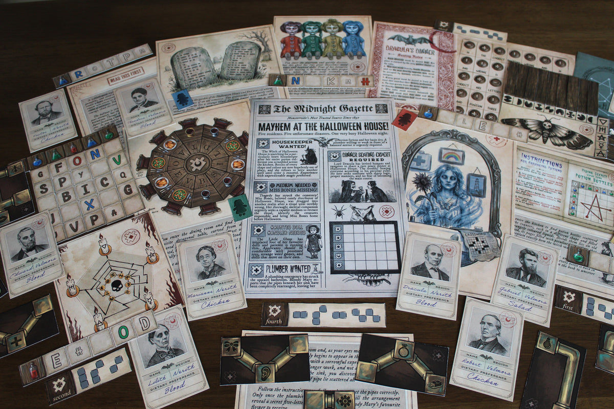 Complete flat-lay of The Halloween House printable escape room showing the main Halloween newspaper, Dracula’s dinner table and vampire guests, haunted dolls, cemetery gravestones, potion puzzle materials, Bloody Mary’s mirror, bone decoder, pipe pieces, and final code strips. This printable Halloween escape room for adults and teens includes five monster-themed challenges with varied puzzle mechanics, hands-on components, deduction, wordplay, and one final escape-code puzzle.