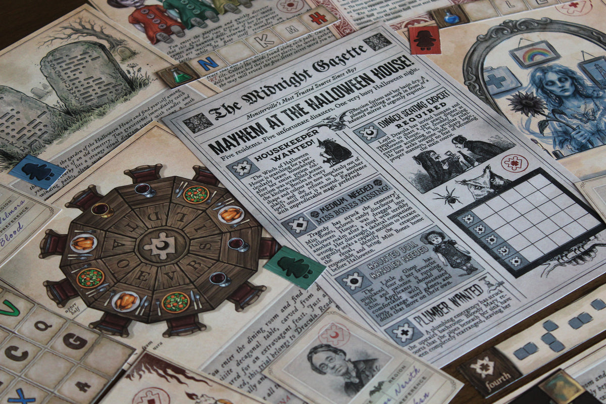 Close-up of The Halloween House printable escape room centered on The Midnight Gazette, Dracula’s dinner puzzle, Bloody Mary’s haunted mirror, vampire character cards, potion components, and final code pieces. The vintage Halloween artwork and interactive paper clues create a spooky at-home escape room for adults and teens, combining logic puzzles, word challenges, physical manipulation, deduction, and classic monster themes including witches, vampires, ghosts, and haunted dolls.