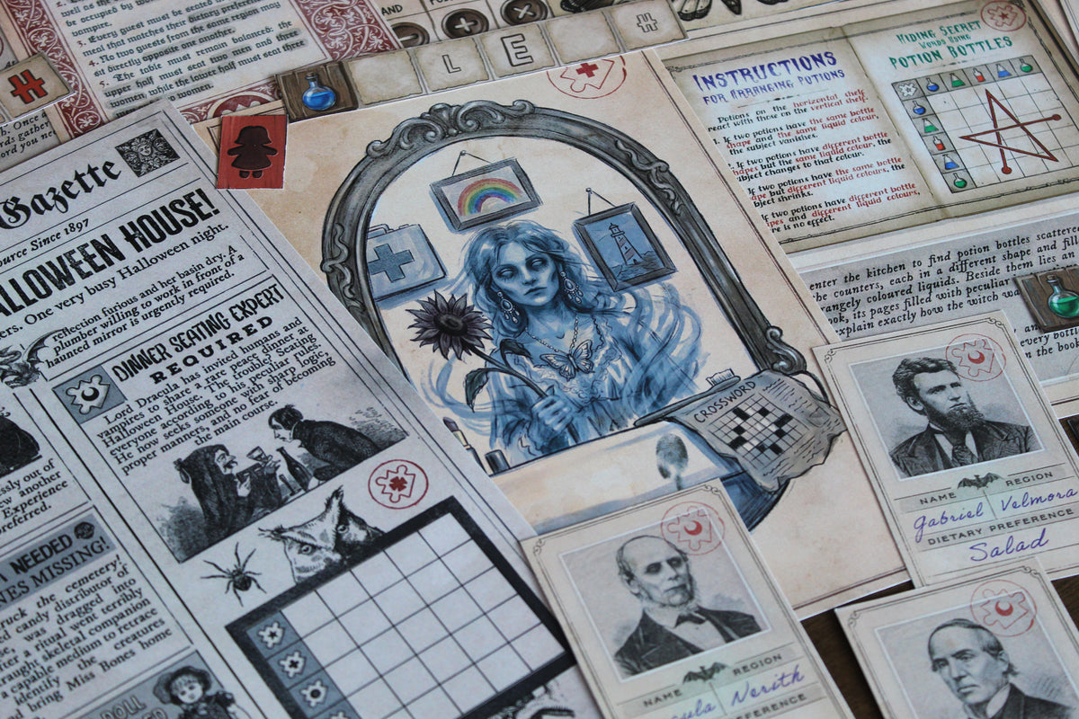 Close-up of Bloody Mary’s haunted mirror puzzle from The Halloween House printable escape room, surrounded by The Midnight Gazette, potion rules, vampire guest cards, coded tiles, and Halloween symbols. This printable escape room for adults and teens features spooky hands-on challenges inspired by Bloody Mary, Dracula, witches, haunted dolls, and cemetery rituals. Players use logic, observation, wordplay, and physical paper manipulation to uncover clues and escape the house.