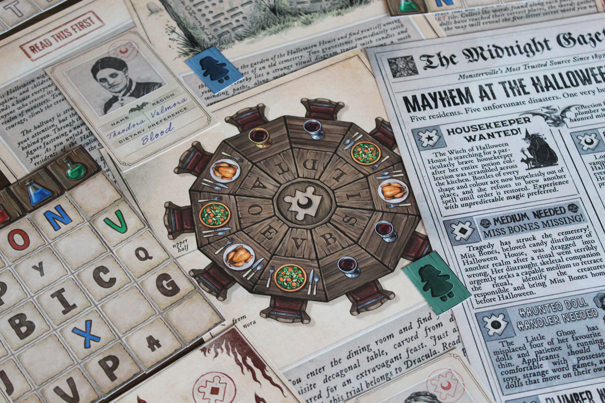 Dracula’s dinner table puzzle from The Halloween House printable escape room, surrounded by vampire guest cards, potion letters, The Midnight Gazette, and other spooky Halloween clues. Players must use seating rules, dietary preferences, guest regions, and logic to arrange Dracula’s dinner correctly. This hands-on DIY escape room for adults and teens combines vampire-themed deduction, interactive paper components, word puzzles, and classic Halloween storytelling for an immersive game night.