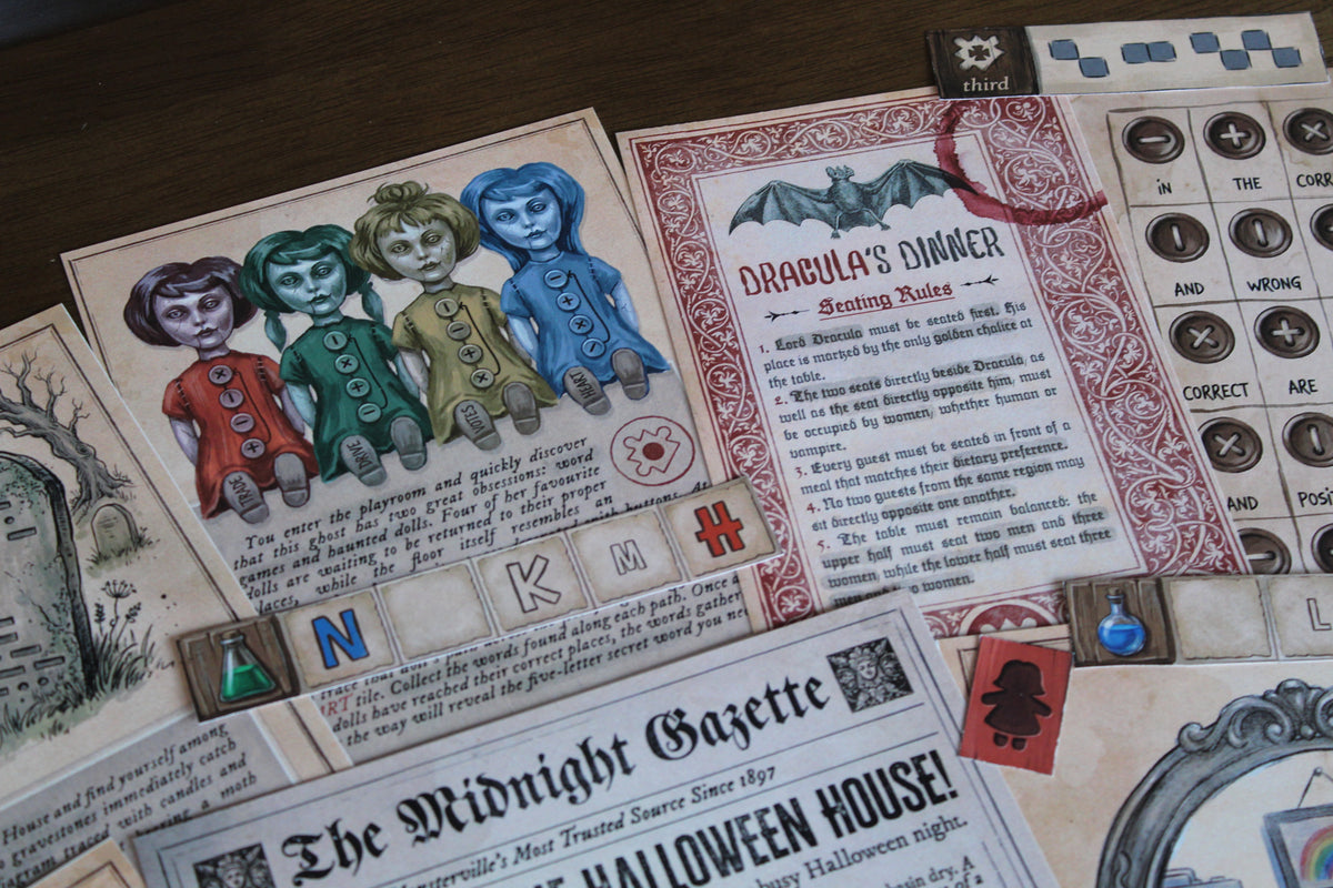 Haunted doll puzzle and Dracula’s Dinner seating rules from The Halloween House printable escape room for adults and teens. Four eerie dolls with different colored dresses and button symbols appear beside a vintage vampire dinner instruction card and other coded puzzle materials. This DIY Halloween escape room combines pathfinding, word deduction, logic, physical paper components, and classic spooky characters, creating an immersive at-home mystery game for Halloween parties or game nights.