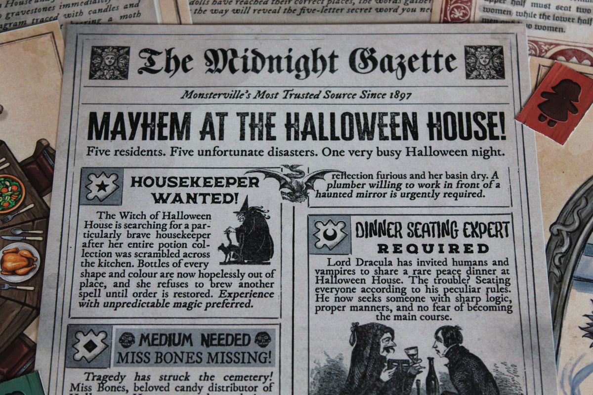 Close-up of The Midnight Gazette from The Halloween House printable escape room, featuring headlines about the witch, missing Miss Bones, haunted dolls, Dracula’s dinner, and Bloody Mary’s plumbing emergency. Surrounded by interactive Halloween puzzle pieces, the newspaper introduces five strange tasks players must complete. This printable escape room for adults and teens blends spooky storytelling, classic monsters, logic puzzles, hands-on clues, and one final escape-code challenge.