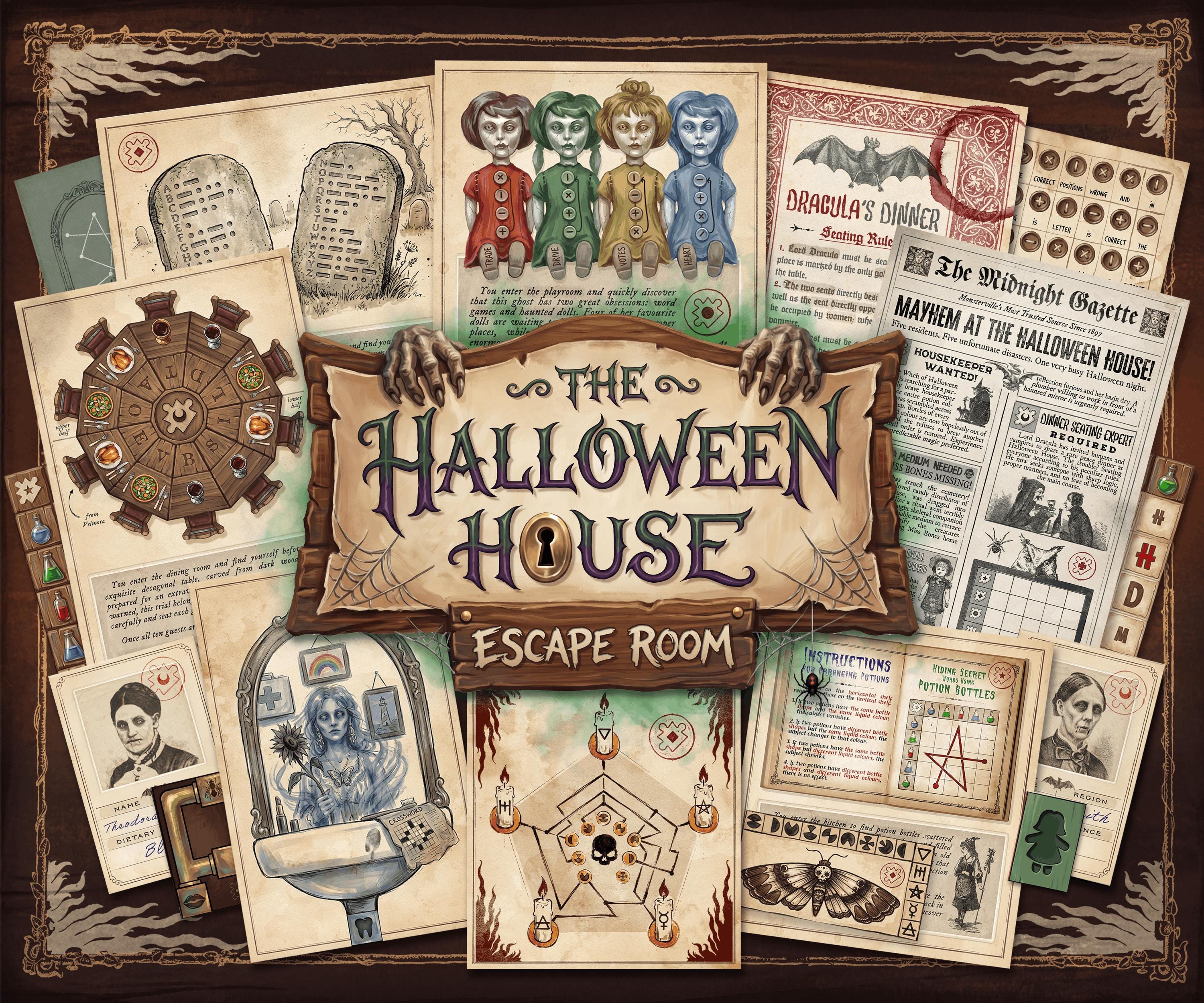 The Halloween House printable escape room cover featuring a spooky collage of game materials, including Dracula’s dinner puzzle, haunted dolls, cemetery gravestones, Bloody Mary’s mirror, potion clues, The Midnight Gazette, and ritual symbols. The central title reads “The Halloween House Escape Room.” Designed for adults and teens, this DIY Halloween escape room combines classic monsters, hands-on puzzles, logic, deduction, and immersive at-home mystery gameplay.