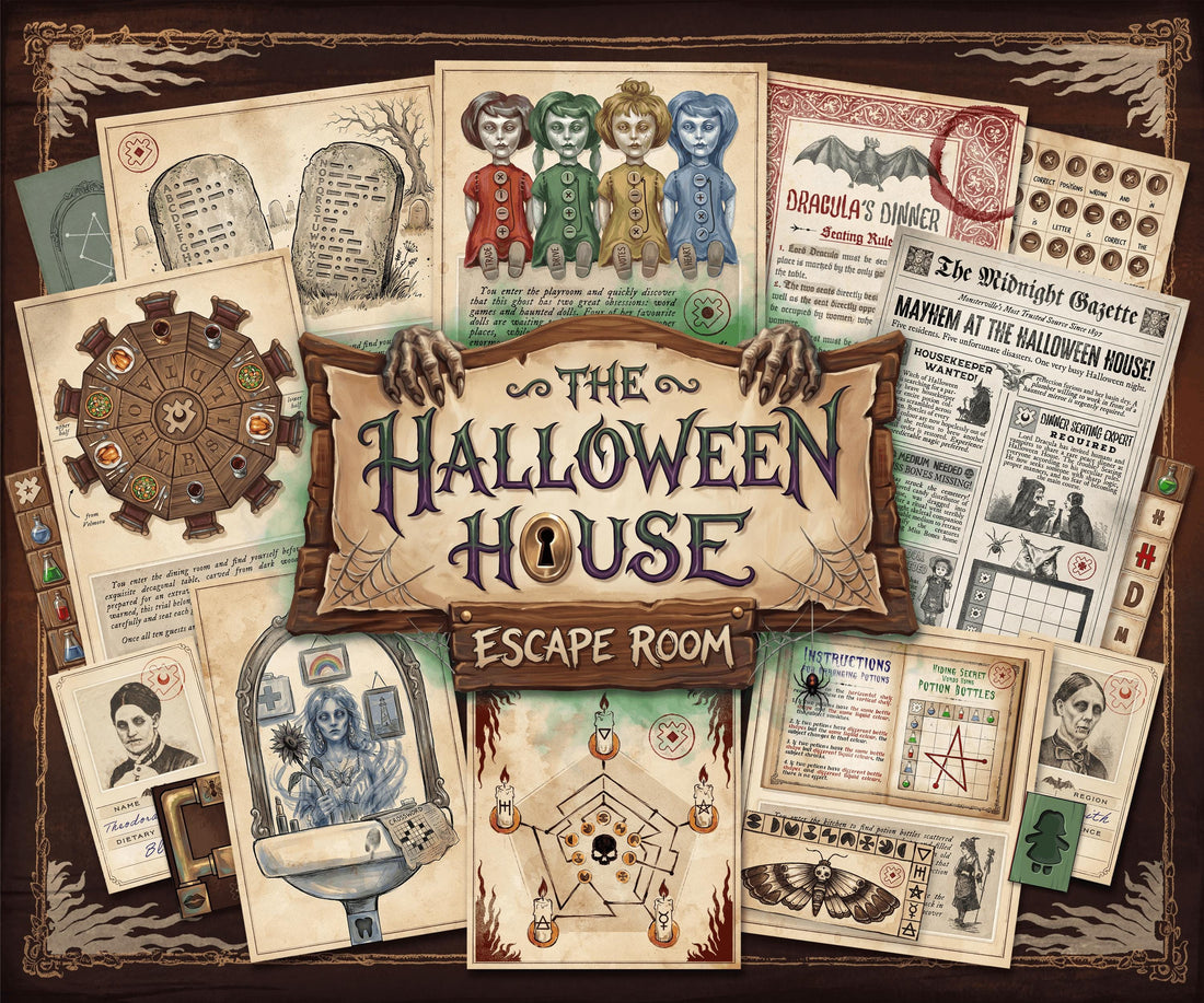 The Halloween House printable escape room cover featuring a spooky collage of game materials, including Dracula’s dinner puzzle, haunted dolls, cemetery gravestones, Bloody Mary’s mirror, potion clues, The Midnight Gazette, and ritual symbols. The central title reads “The Halloween House Escape Room.” Designed for adults and teens, this DIY Halloween escape room combines classic monsters, hands-on puzzles, logic, deduction, and immersive at-home mystery gameplay.