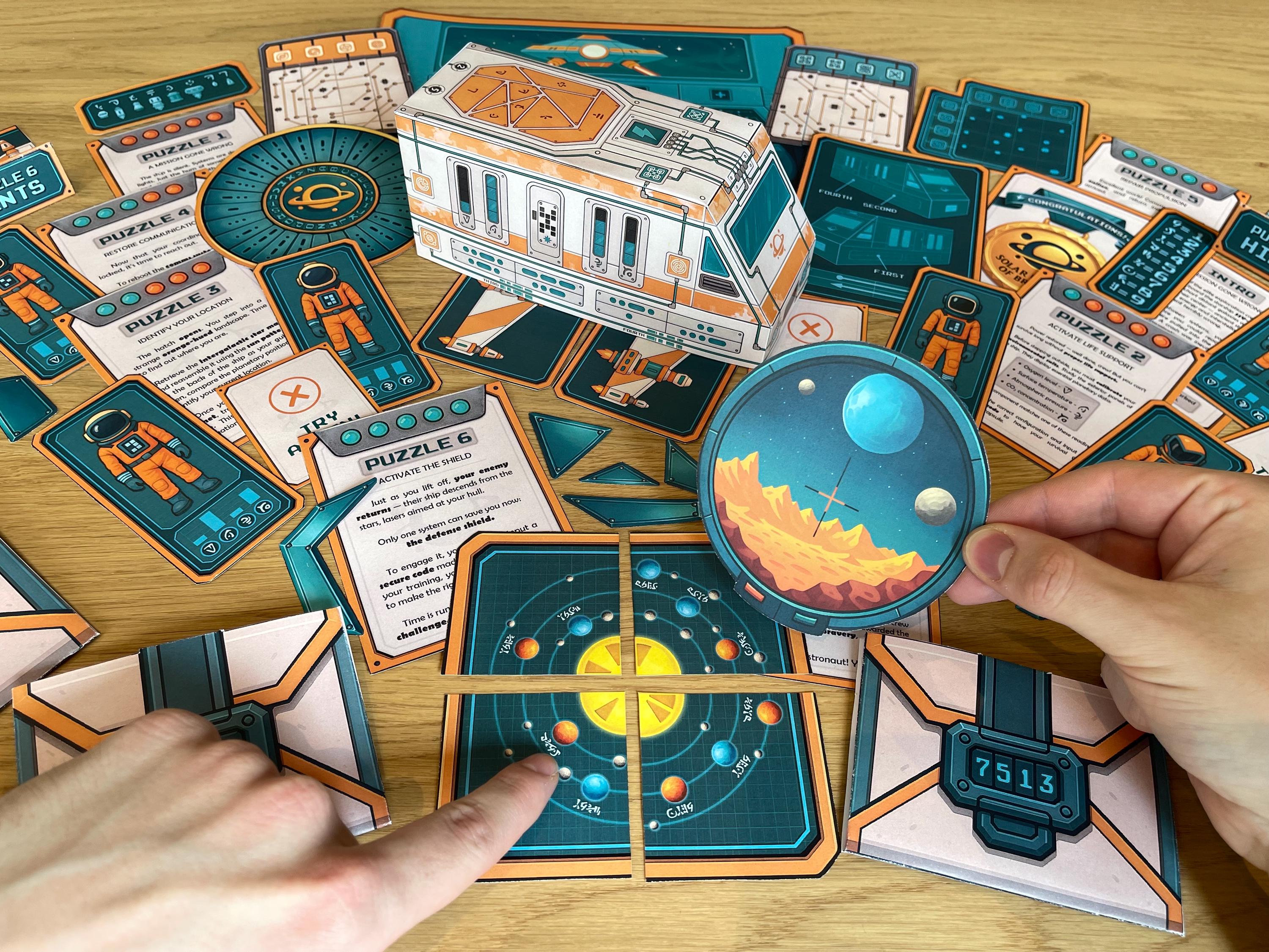 Set of printable story cards, envelopes, and puzzle materials from The Lost Spaceship, a space-themed escape room for children and teens. Designed for home, classroom, or group play, this immersive game includes logic challenges, Morse code decoding, symbol matching, and environmental suit calibration tasks. Engaging printable adventure with a strong narrative and sci-fi visuals.