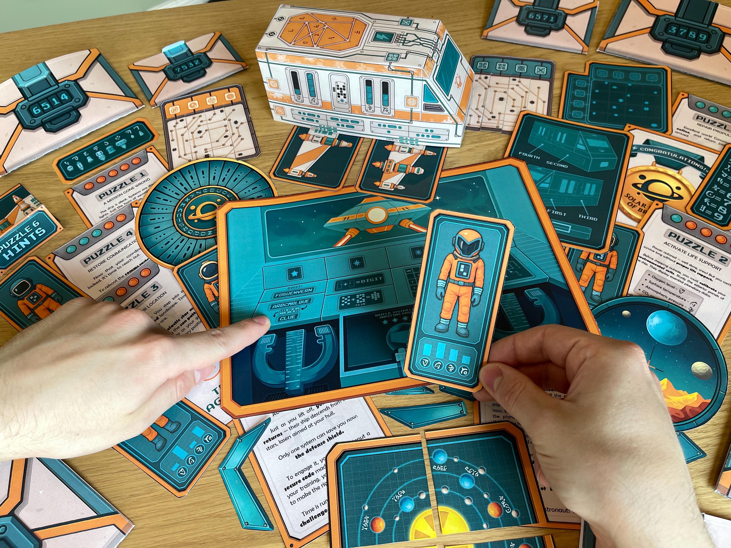 Scene from The Lost Spaceship escape room showing players solving puzzles to restore power, activate shields, and navigate a stranded spaceship. This printable escape game features four-digit codes, interactive story progression, and STEM-style logic. Ideal for ages 8–14, the game is non-destructive and can be reused or printed again for replay or multiple groups.