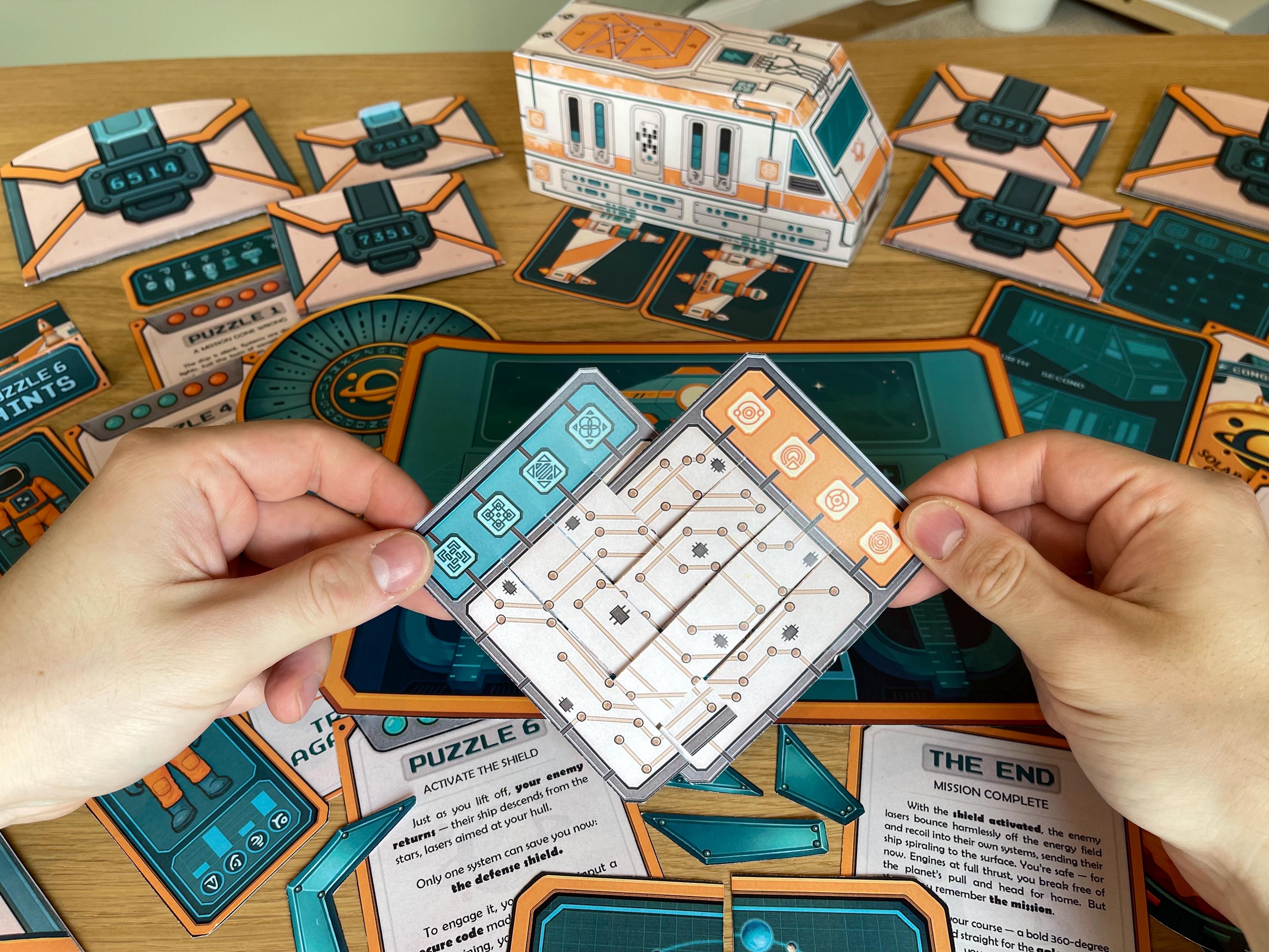 High-resolution image of The Lost Spaceship printable escape room showing envelopes, hint strips, cipher wheels, and puzzle elements. Designed to combine storytelling with problem-solving, the game lets players become part of a deep-space mission gone wrong. A crash-landing on an alien planet leads to decoding transmissions, rebuilding wings, and unlocking system access.
