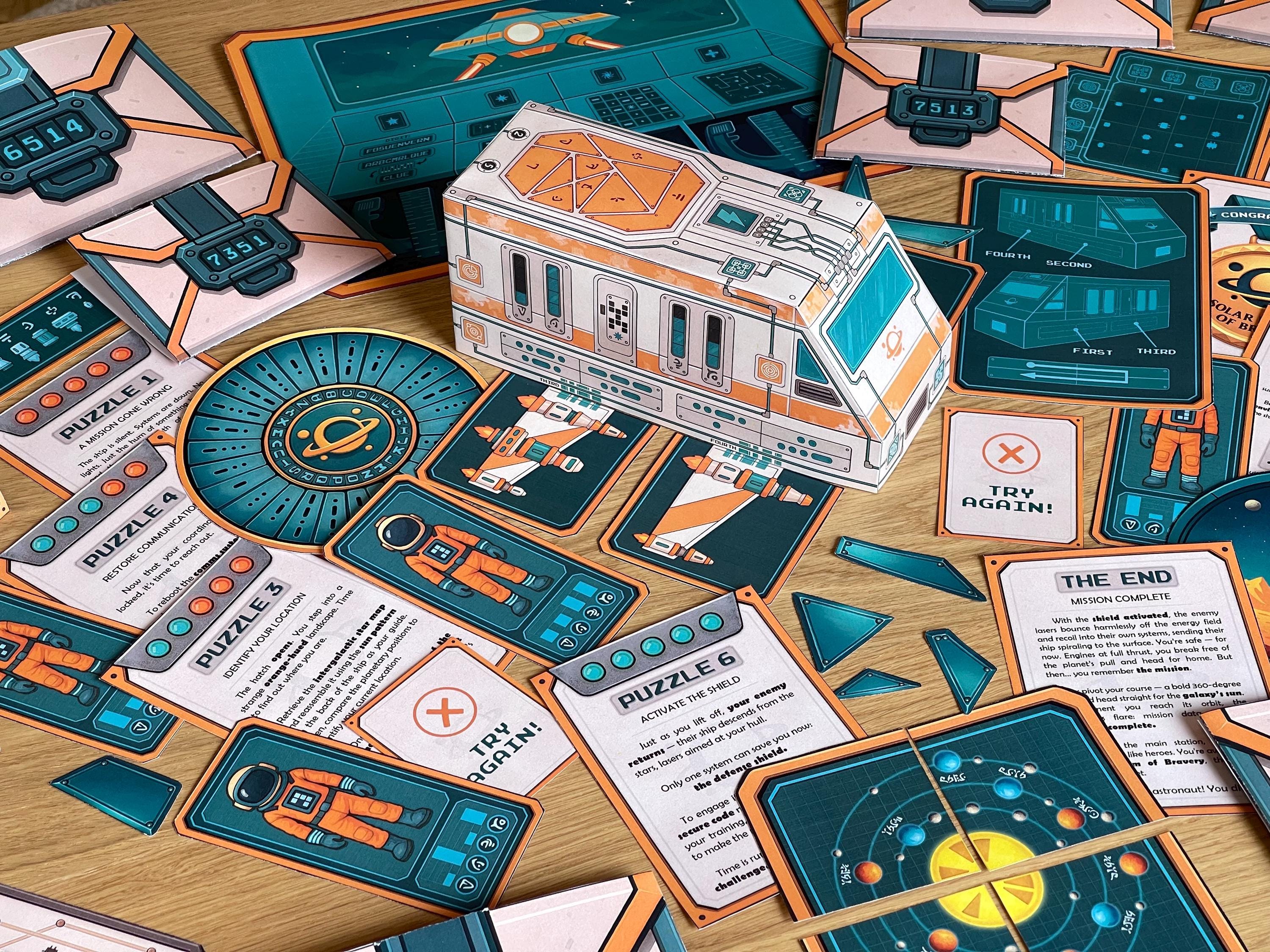 Illustrated puzzle card from The Lost Spaceship, a printable escape room for kids and teens that blends sci-fi storytelling with hands-on challenges. Players explore an orange-hued planet, locate celestial bodies using a star map, and repair the ship's systems in order. All materials can be printed at home and used without cutting, writing, or damaging any component.