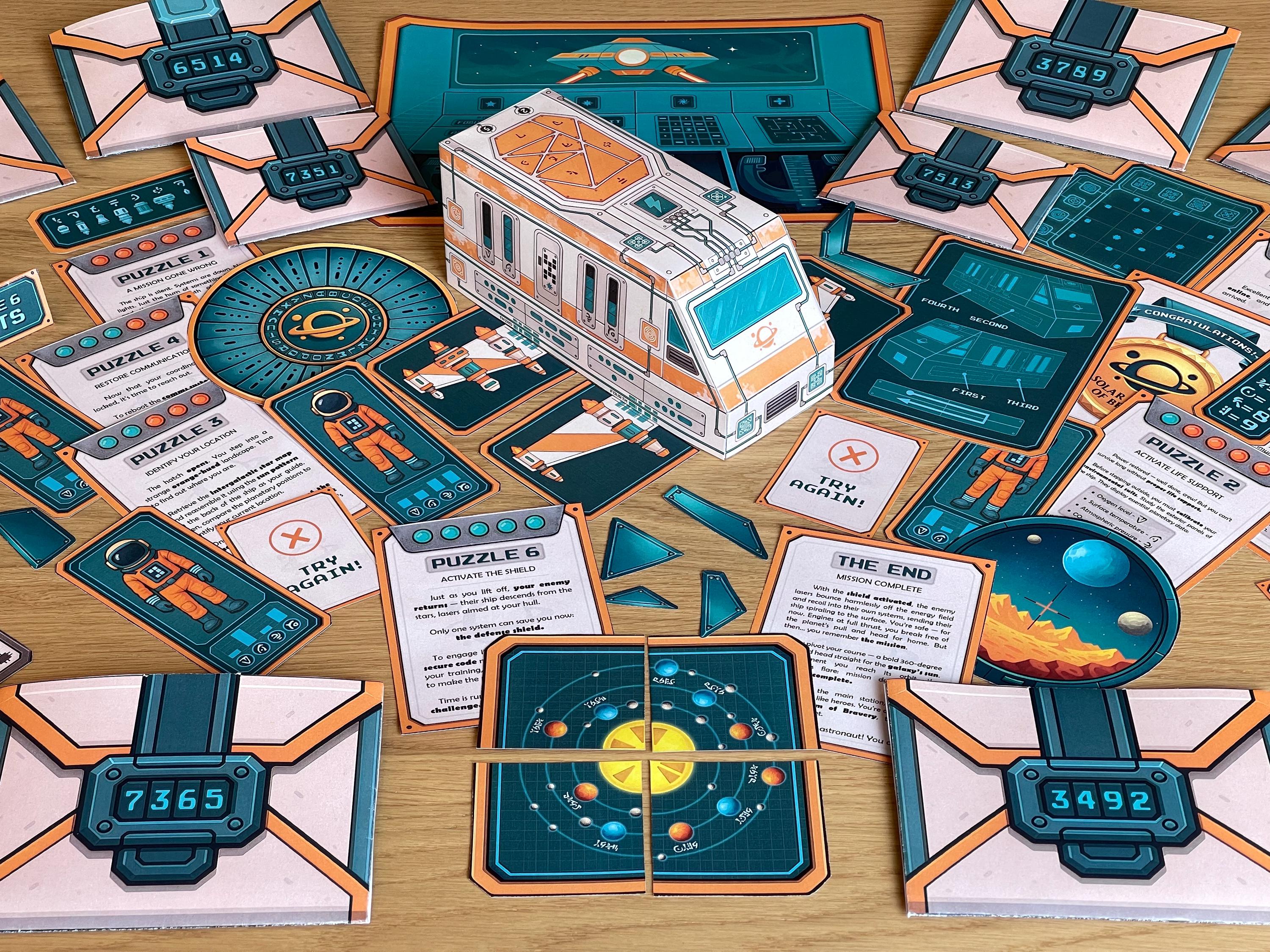 Close-up of 3D spaceship model and puzzle layout from The Lost Spaceship printable escape room game. This image features the game’s visual components, including folded paper elements, decoding wheels, and envelopes labeled with numeric codes. Ideal for parents, teachers, and event organizers seeking engaging, screen-free fun with a sci-fi twist for kids.