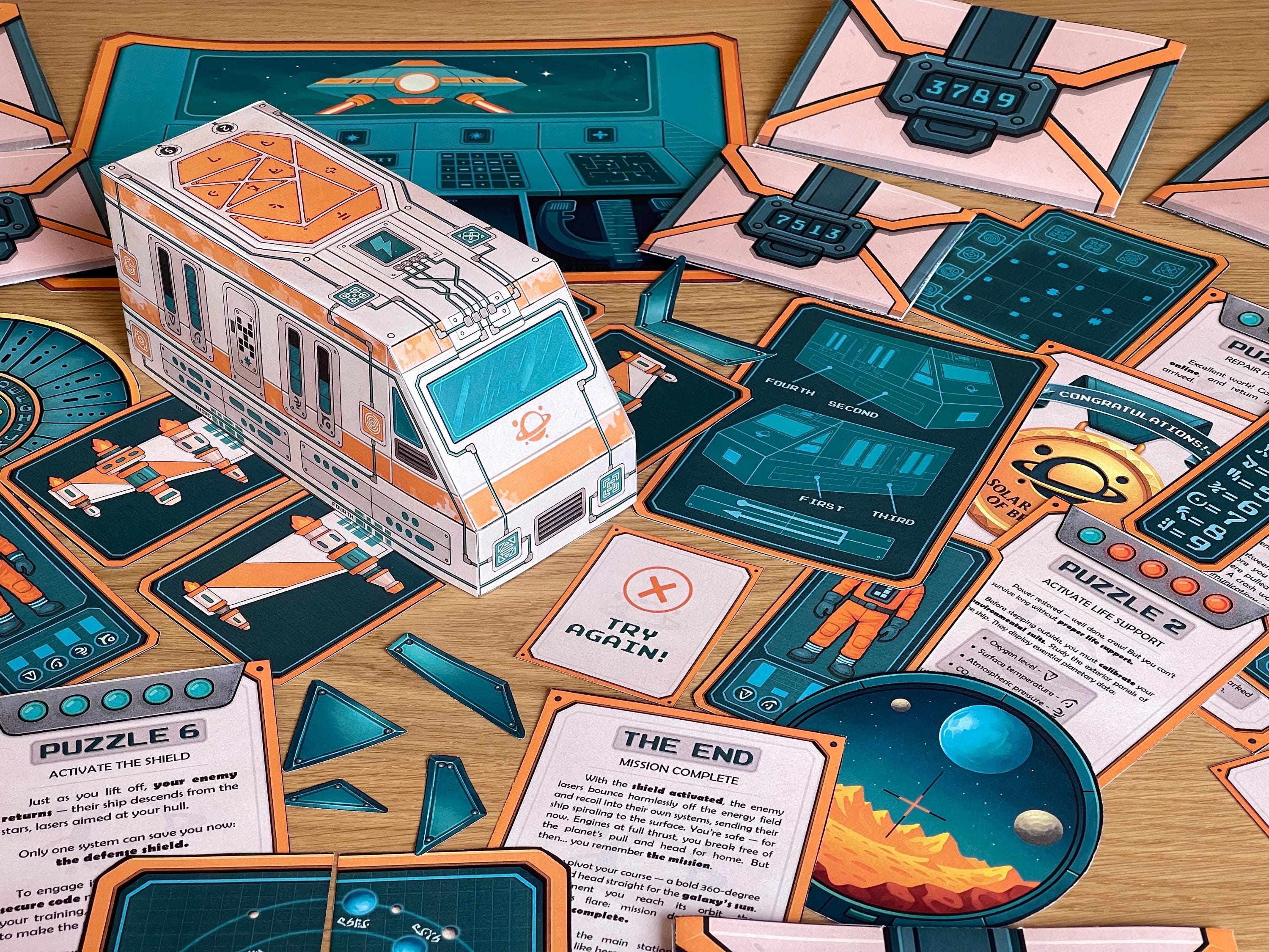Printable puzzle components from The Lost Spaceship, including logic cards, code wheels, hint strips, and space-themed illustrations. This printable escape room is designed for interactive play at home or in the classroom. Solve each puzzle to reveal a code, open the next envelope, and complete your galactic mission with your crew. Non-destructive and replayable.