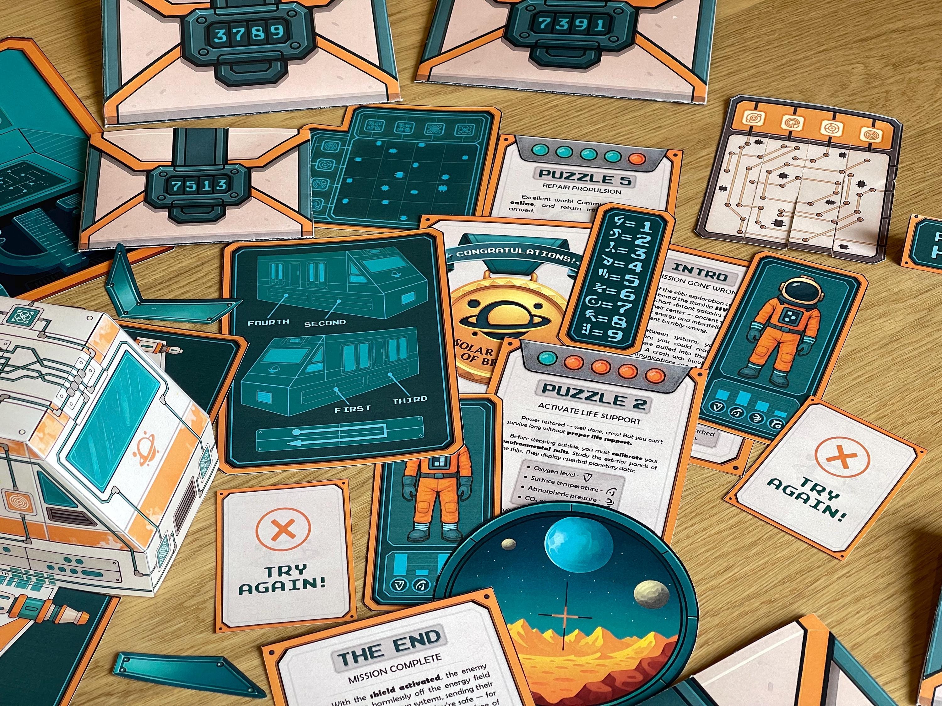 Full printable kit of The Lost Spaceship escape room showing all PDF game assets, including envelopes, story progression cards, and assembly instructions. Each puzzle is designed to encourage teamwork, critical thinking, and creativity. Suitable for kids and teens ages 8+, it’s perfect for families, parties, after-school programs, and teachers looking for STEM activities.