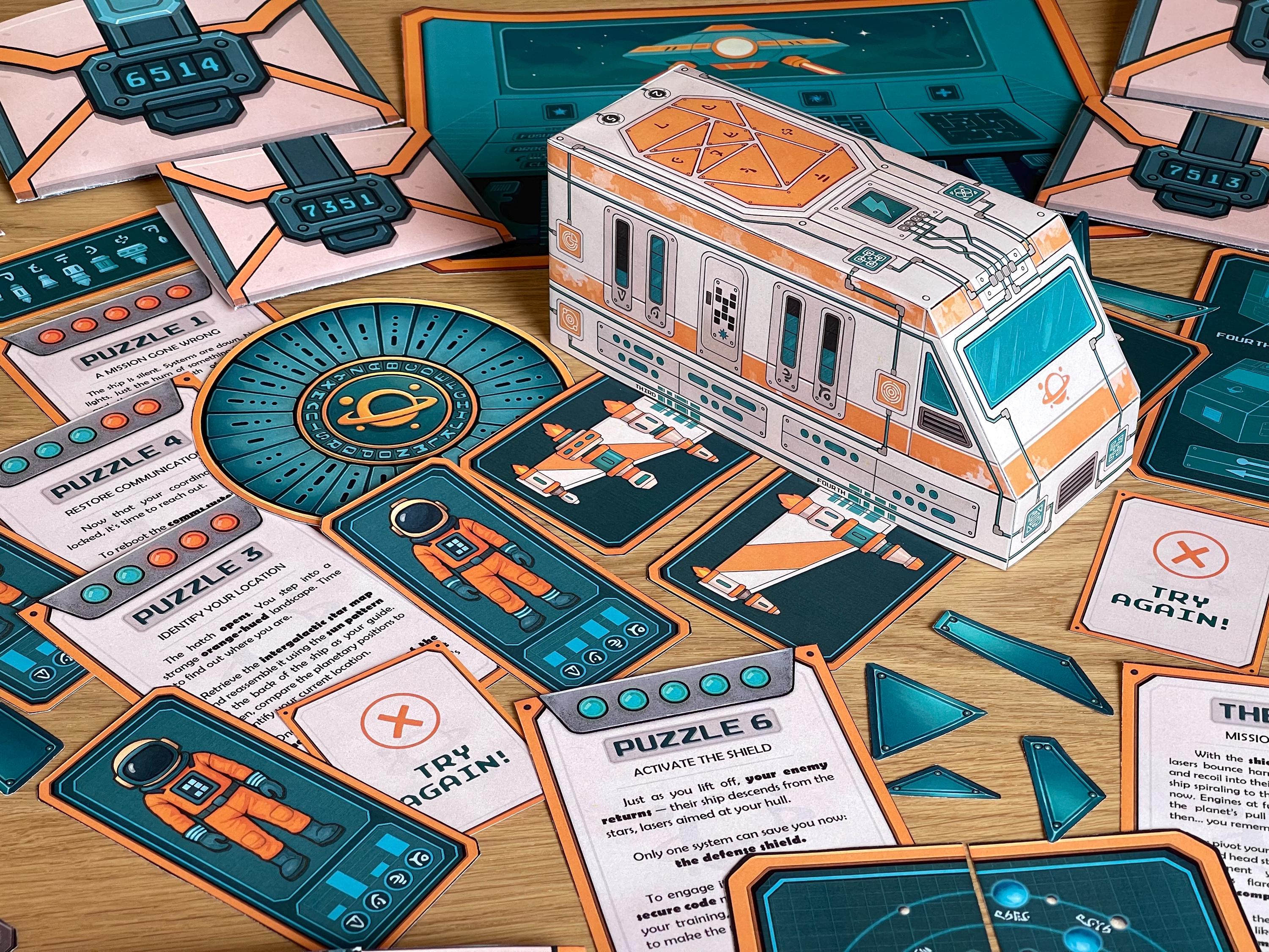 Overview image of The Lost Spaceship escape room setup, including printed components ready for play. Players follow a sci-fi story from crash to escape, using clues and interactive puzzles to reactivate ship systems. All you need is paper, scissors, and tape or glue. An immersive and educational printable escape room experience for kids and young teens.