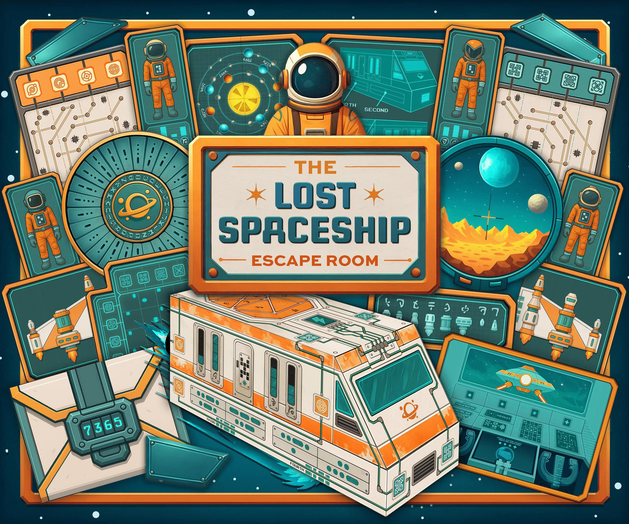 Printable 3D paper spaceship centerpiece used in The Lost Spaceship escape room game for kids and teens. A hands-on, interactive sci-fi adventure where players repair a crashed starship using clues, puzzles, and story cards. Perfect for space-themed birthday parties, classroom STEM activities, or family game night. Non-destructive and reusable escape room experience for ages 8–14.