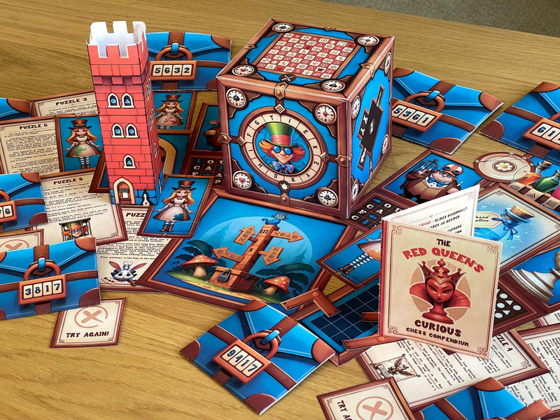 Close-up of Wonderland-themed escape room components: whimsical clock puzzle, chessboard symbols, and illustrated riddle cards. Designed for a challenging 60-minute puzzle experience for fans of Alice and logic games.