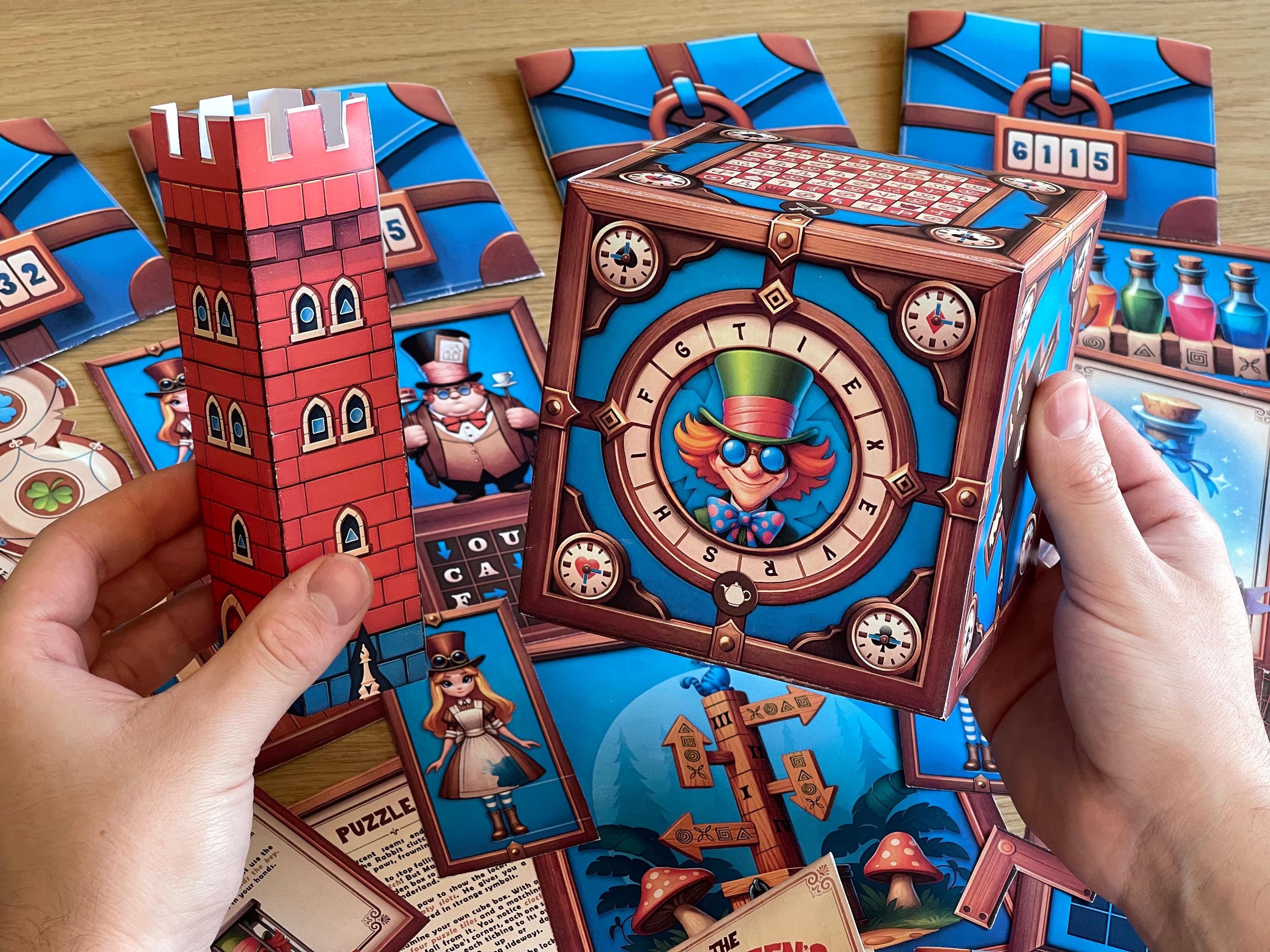 Printable puzzle game featuring Wonderland characters and hidden logic clues. Includes an interactive box puzzle, progressive hint system, and full game story. A creative escape room kit for adults and teens.