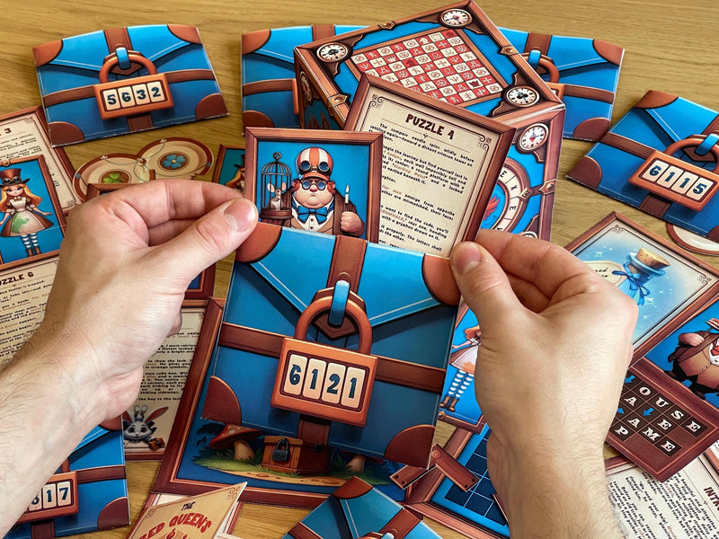 Decorative setup of The Mad Hatter’s Box printable escape room game with themed props, clocks, and playing cards. A fun, mysterious game experience for logic puzzle lovers and Alice fans.