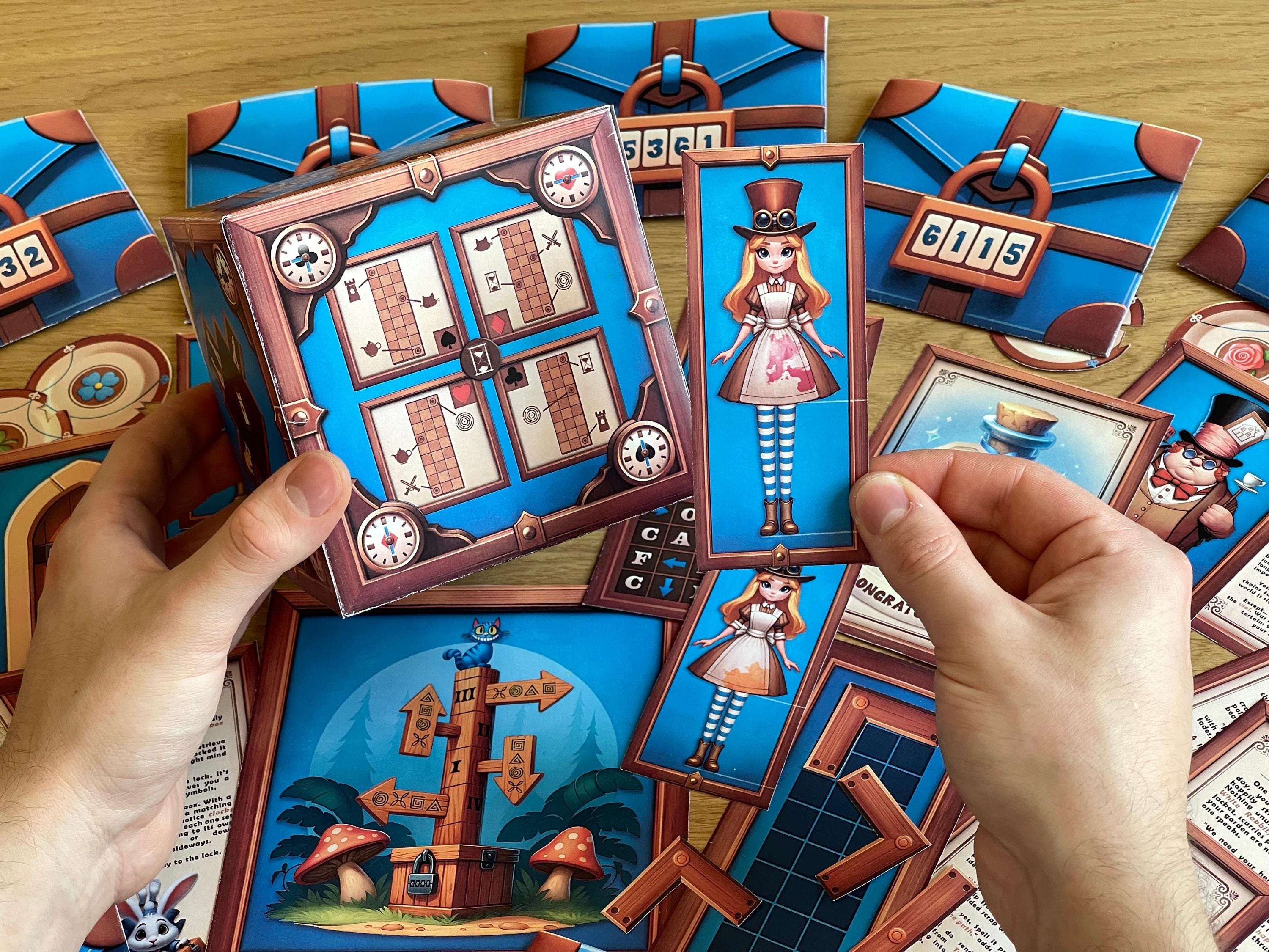 Escape room setup scene for Alice in Wonderland-themed game. Players solve the Mad Hatter’s riddles using printed puzzle sheets, story cards, and a foldable cube. Ideal for game nights or birthday challenges.