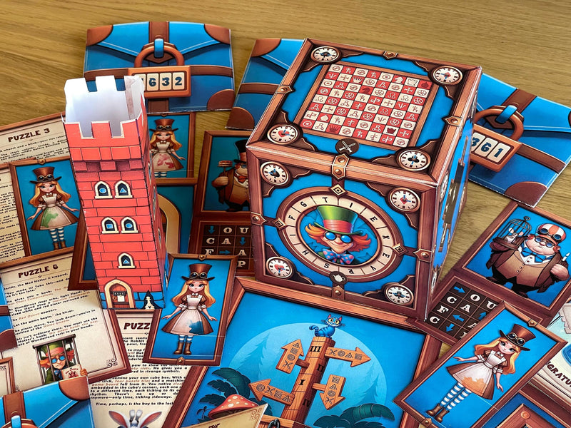 High-resolution image of Wonderland escape room elements: story card with Cheshire Cat clue, mechanical puzzle box, and sealed clue envelopes. Instant download and print-and-play design.