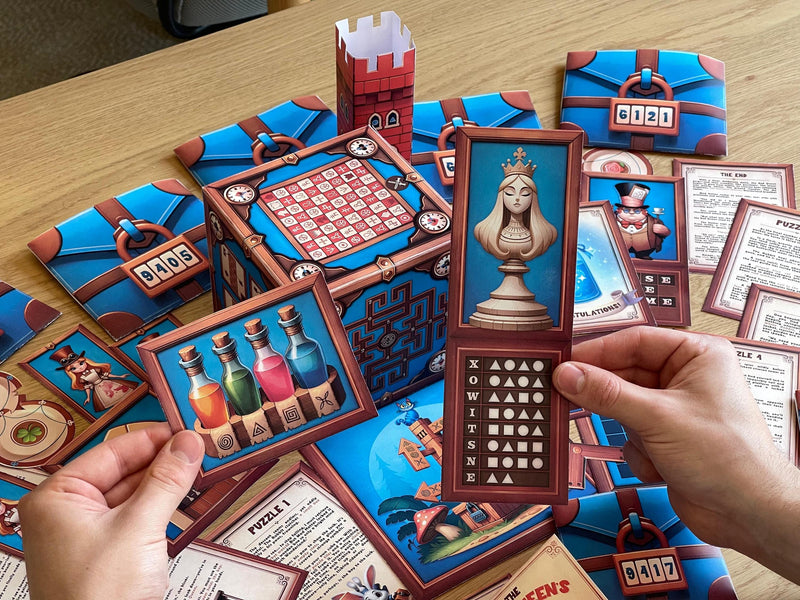 Wonderland-themed printable escape room for puzzle enthusiasts. Features a Mad Hatter storyline, six printable puzzles, and progressive hint cards. Great for solo or group play with no app or timer needed.