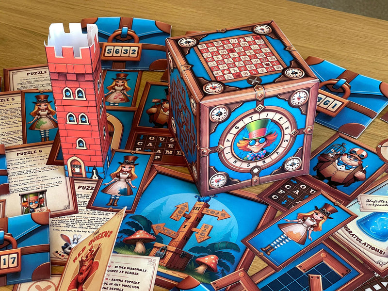 Full flat-lay of The Mad Hatter’s Box printable escape room setup, showing 6 envelope puzzles, hint strips, and a 3D cube centerpiece. DIY puzzle kit for teens, adults, and Alice in Wonderland lovers.