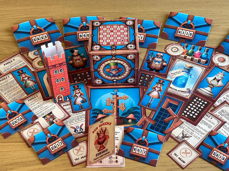 A printed puzzle from The Mad Hatter’s Box game featuring the Red Queen’s code and tea party clues. Designed for printable play with no destruction or tech required. Includes progressive hints and solutions.