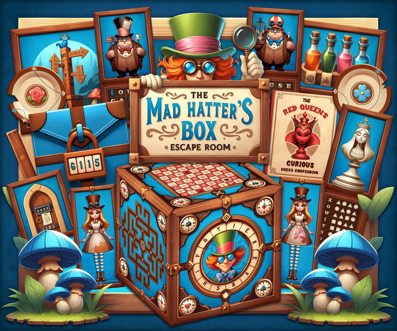 Printable escape room puzzle with Alice in Wonderland theme. Includes story cards, clue envelopes, and a 3D paper puzzle box inspired by the Mad Hatter. Perfect for teens and adults looking for an immersive DIY escape room adventure at home.