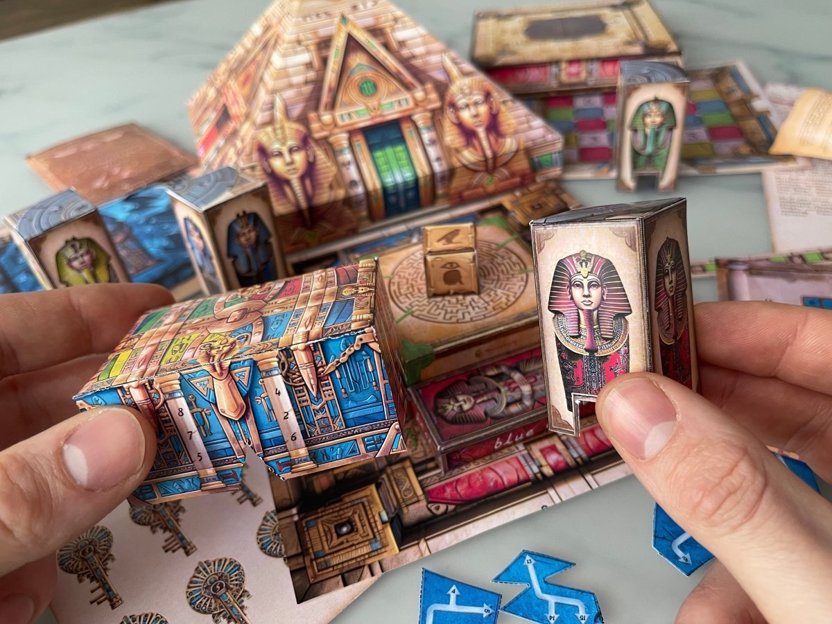 The paper canopic jars of the printable Egypt escape room are used to decode secret escape room messages that will allow you to escape.  The keys and puzzle pieces offer you answers to riddles and the story cards help you advance through the story.