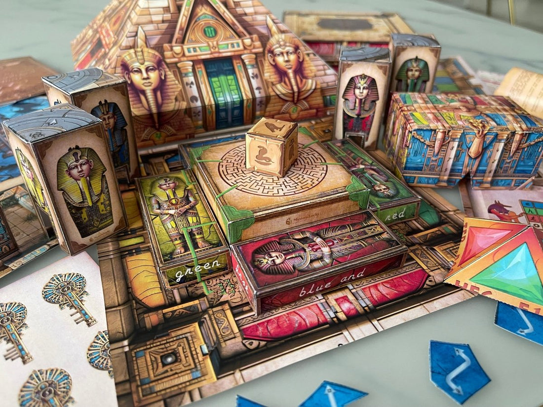 The game cover of an Egypt-themed printable escape room that features a central pyramid, intricate puzzles, and a complex storyline. Decode hieroglyphs, solve puzzles, and escape from the Pyramid escape room. A print and play adventure for all ages!