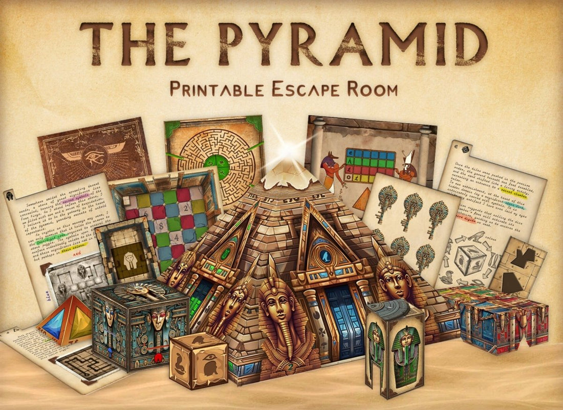 The game cover of an Egypt-themed printable escape room that features a central pyramid, intricate puzzles, and a complex storyline. Decode hieroglyphs, solve puzzles, and escape from the Pyramid escape room. A print and play adventure for all ages!