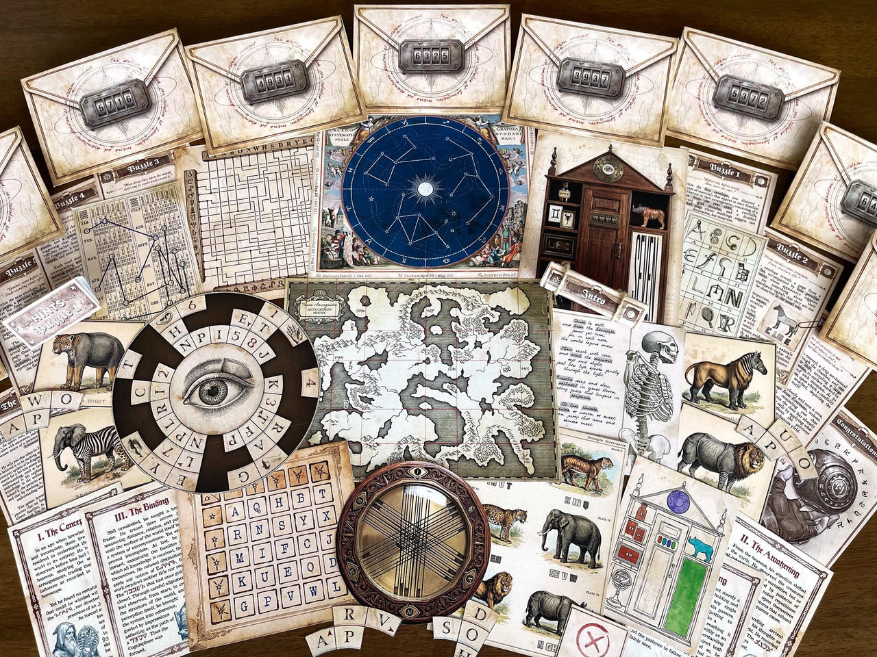 Printable escape room game “The Secret Library” featuring vintage puzzle setup with envelopes, cipher wheel, map, zodiac chart, and logic clues. Immersive DIY escape room at home experience with detective-style riddles, hidden codes, and mystery elements. Perfect for adults, teens, game night, date night, or party activity. Instant download escape room kit with printable puzzles, clues, and brain teasers inspired by secret libraries and ancient knowledge.