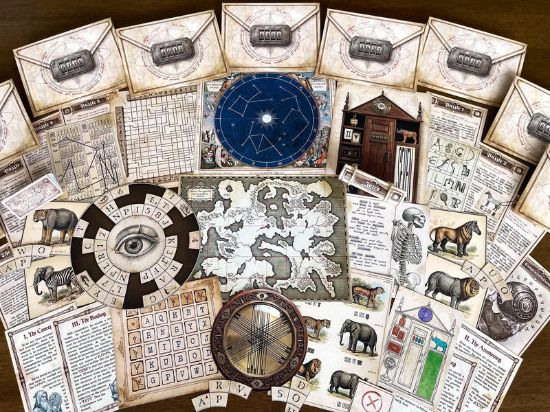 Printable escape room game “The Secret Library” featuring vintage puzzle setup with envelopes, cipher wheel, map, zodiac chart, and logic clues. Immersive DIY escape room at home experience with detective-style riddles, hidden codes, and mystery elements. Perfect for adults, teens, game night, date night, or party activity. Instant download escape room kit with printable puzzles, clues, and brain teasers inspired by secret libraries and ancient knowledge.