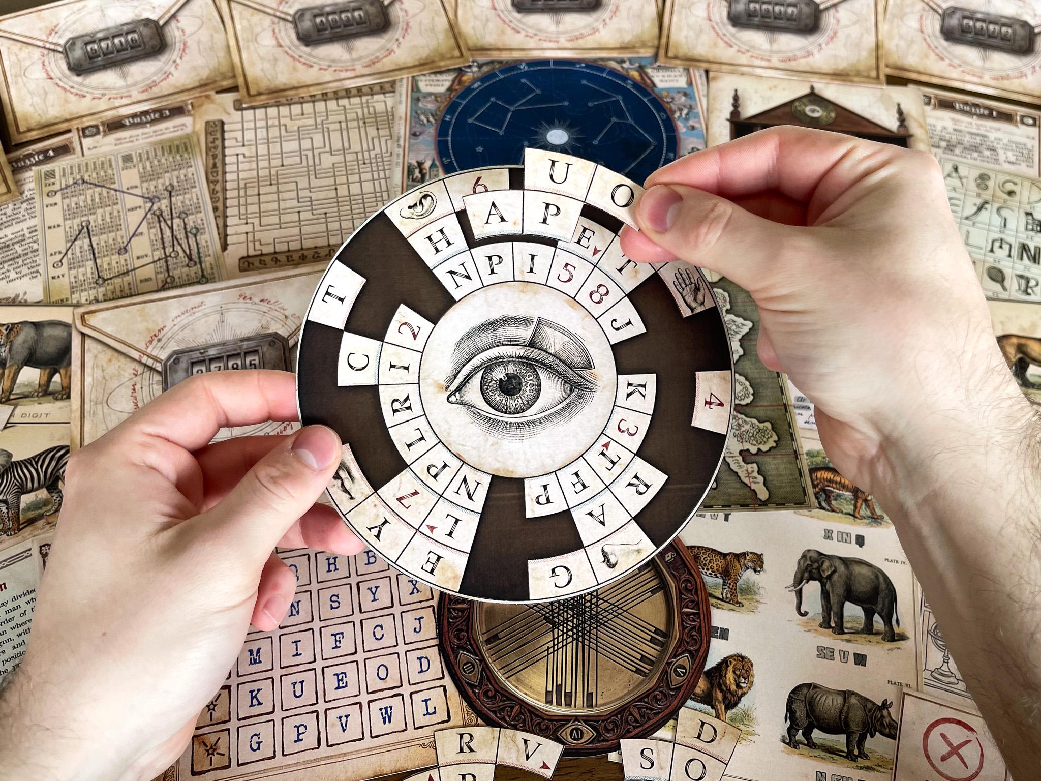 Close-up of interactive cipher wheel puzzle from The Secret Library printable escape room, showing hands solving coded letters and symbols. DIY escape room at home with immersive mystery puzzles, decoding challenges, and logic-based clues. Ideal for puzzle lovers, escape room fans, and detective games. Printable game kit includes ciphers, riddles, and hidden messages for an engaging game night or party experience.