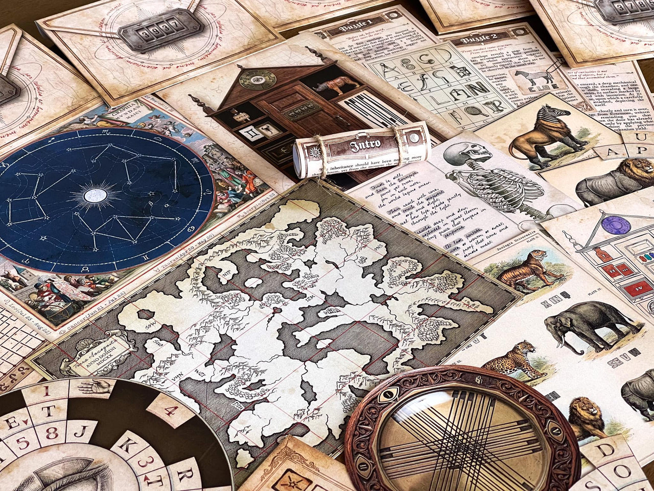 Detailed view of Secret Library escape room printable game materials including map, constellation chart, vintage documents, and logic puzzles. Atmospheric DIY escape room setup with story-driven clues, hidden codes, and brain teasers. Perfect for family game night, adults, or teens. Printable escape room kit designed for immersive storytelling, mystery solving, and offline gameplay at home.