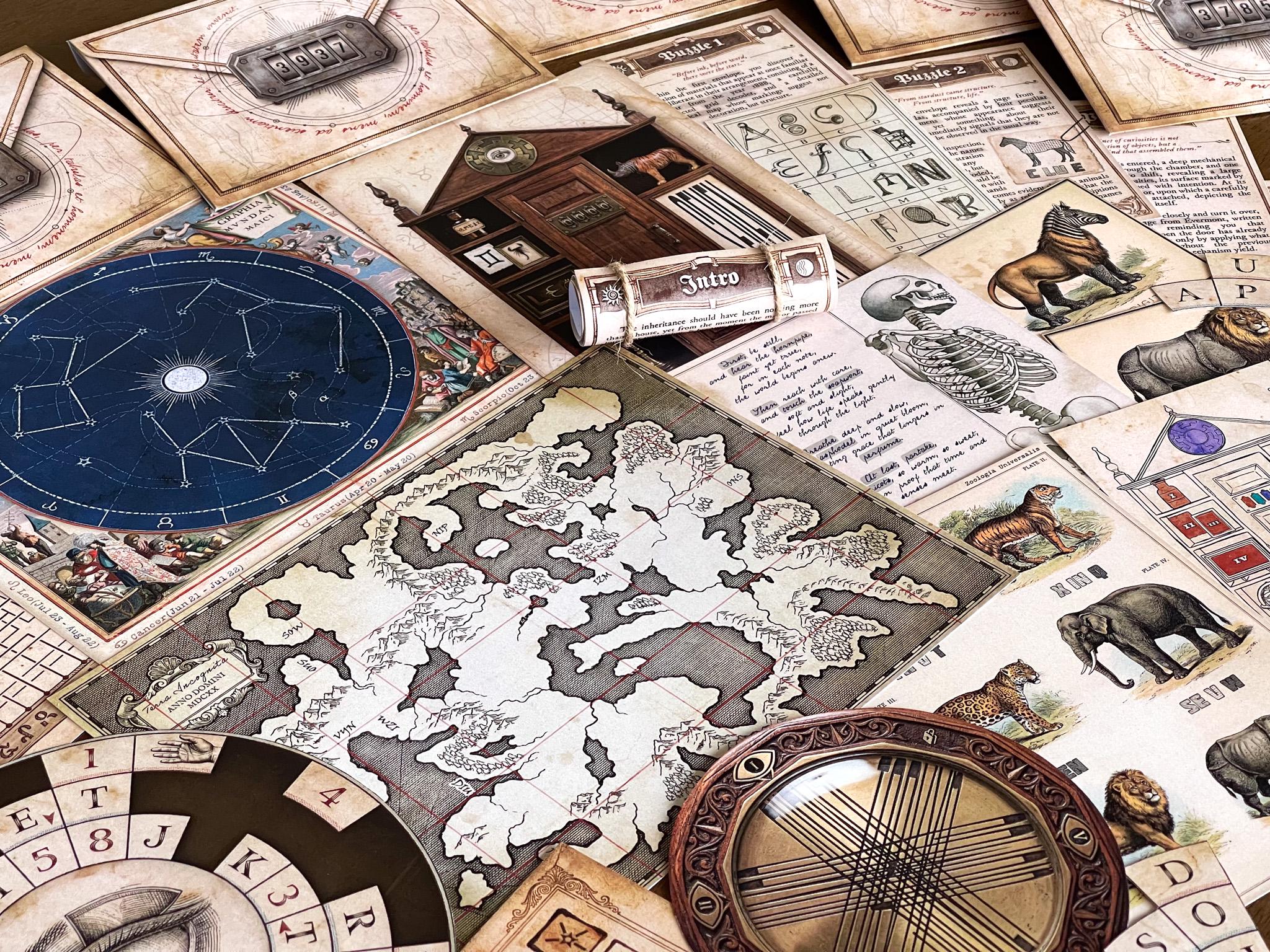 Detailed view of Secret Library escape room printable game materials including map, constellation chart, vintage documents, and logic puzzles. Atmospheric DIY escape room setup with story-driven clues, hidden codes, and brain teasers. Perfect for family game night, adults, or teens. Printable escape room kit designed for immersive storytelling, mystery solving, and offline gameplay at home.