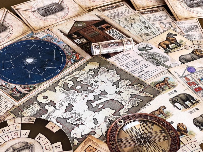 Detailed view of Secret Library escape room printable game materials including map, constellation chart, vintage documents, and logic puzzles. Atmospheric DIY escape room setup with story-driven clues, hidden codes, and brain teasers. Perfect for family game night, adults, or teens. Printable escape room kit designed for immersive storytelling, mystery solving, and offline gameplay at home.