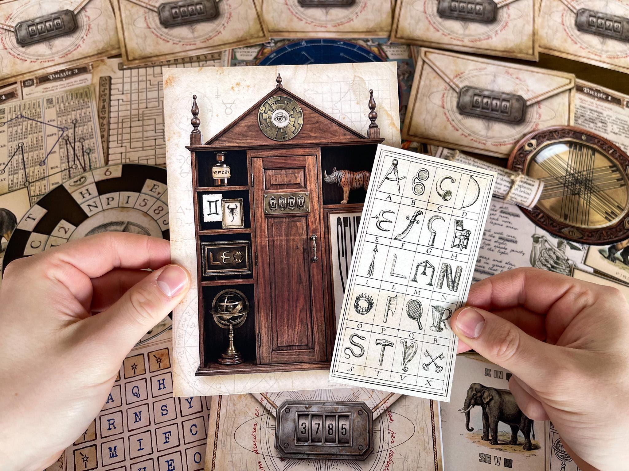 Puzzle card and cabinet illustration from The Secret Library printable escape room game with symbol cipher sheet and hidden code lock mechanism. Interactive DIY escape room experience with detective puzzles, riddles, and visual clues. Perfect printable escape room for adults, teens, and puzzle enthusiasts. Instant download game with immersive mystery theme, secret compartments, and logic challenges.
