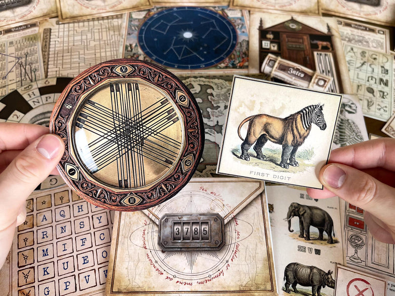 Optical puzzle device and animal clue card from The Secret Library escape room printable, featuring intricate visual puzzle and hidden patterns. DIY escape room game at home with immersive storyline, coded clues, and logic-based challenges. Ideal for game night, date night, or party activity. Printable escape room kit includes unique puzzles, riddles, and detective-style gameplay.