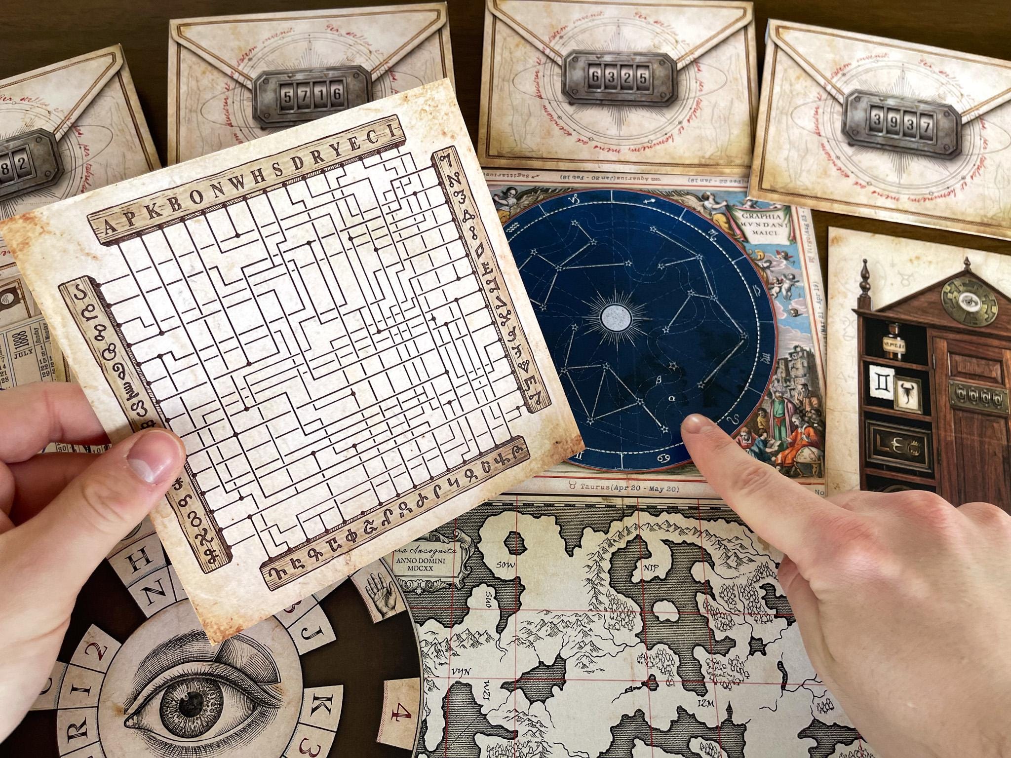 Maze decoder puzzle and constellation clue from The Secret Library printable escape room game, showing hands interacting with logic grid and star chart. DIY escape room experience with immersive mystery puzzles, hidden codes, and brain teasers. Perfect for puzzle lovers, teens, and adults. Printable game designed for engaging at-home escape room gameplay with storytelling and problem-solving elements.