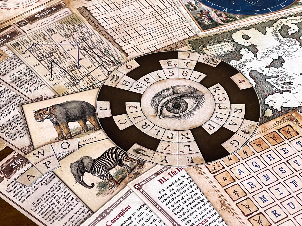 Vintage cipher wheel puzzle with animal clue cards from The Secret Library escape room printable game. Interactive DIY escape room with hidden messages, logic puzzles, and mystery-solving gameplay. Ideal for adults, teens, and families looking for a fun at-home activity. Printable escape room kit includes riddles, codes, and immersive story elements inspired by secret libraries and detective adventures.