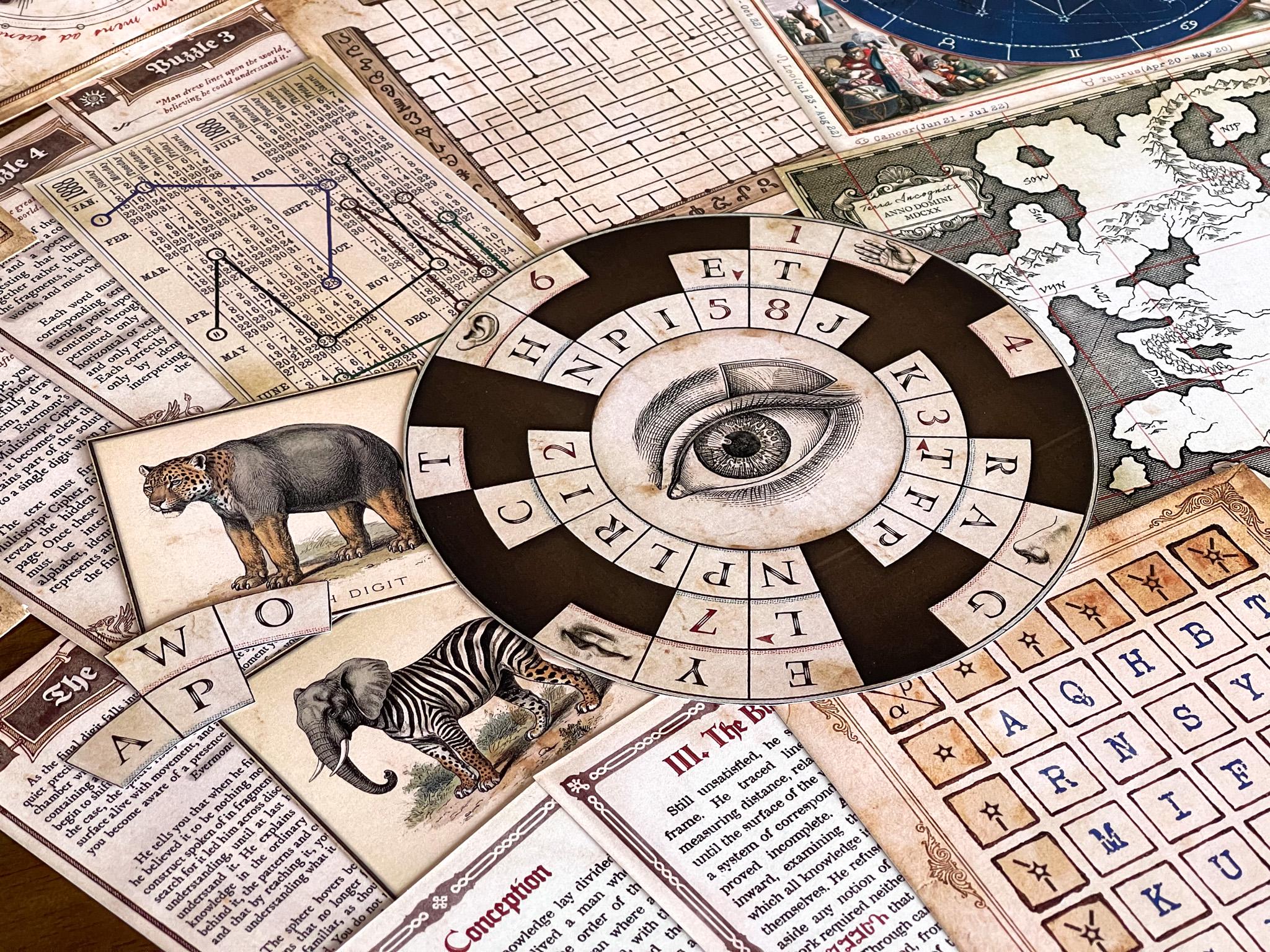 Vintage cipher wheel puzzle with animal clue cards from The Secret Library escape room printable game. Interactive DIY escape room with hidden messages, logic puzzles, and mystery-solving gameplay. Ideal for adults, teens, and families looking for a fun at-home activity. Printable escape room kit includes riddles, codes, and immersive story elements inspired by secret libraries and detective adventures.