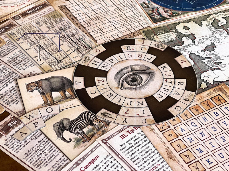 Vintage cipher wheel puzzle with animal clue cards from The Secret Library escape room printable game. Interactive DIY escape room with hidden messages, logic puzzles, and mystery-solving gameplay. Ideal for adults, teens, and families looking for a fun at-home activity. Printable escape room kit includes riddles, codes, and immersive story elements inspired by secret libraries and detective adventures.