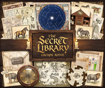 Printable escape room game cover for “The Secret Library Escape Room,” featuring vintage puzzle elements, cipher wheels, constellation chart, antique maps, and coded envelopes arranged around a wooden title sign. Immersive mystery-themed DIY escape room at home with detective-style clues, riddles, and hidden codes. Perfect for adults, teens, and puzzle lovers. Instant download printable escape room kit for game night, date night, or party activity with engaging logic puzzles.