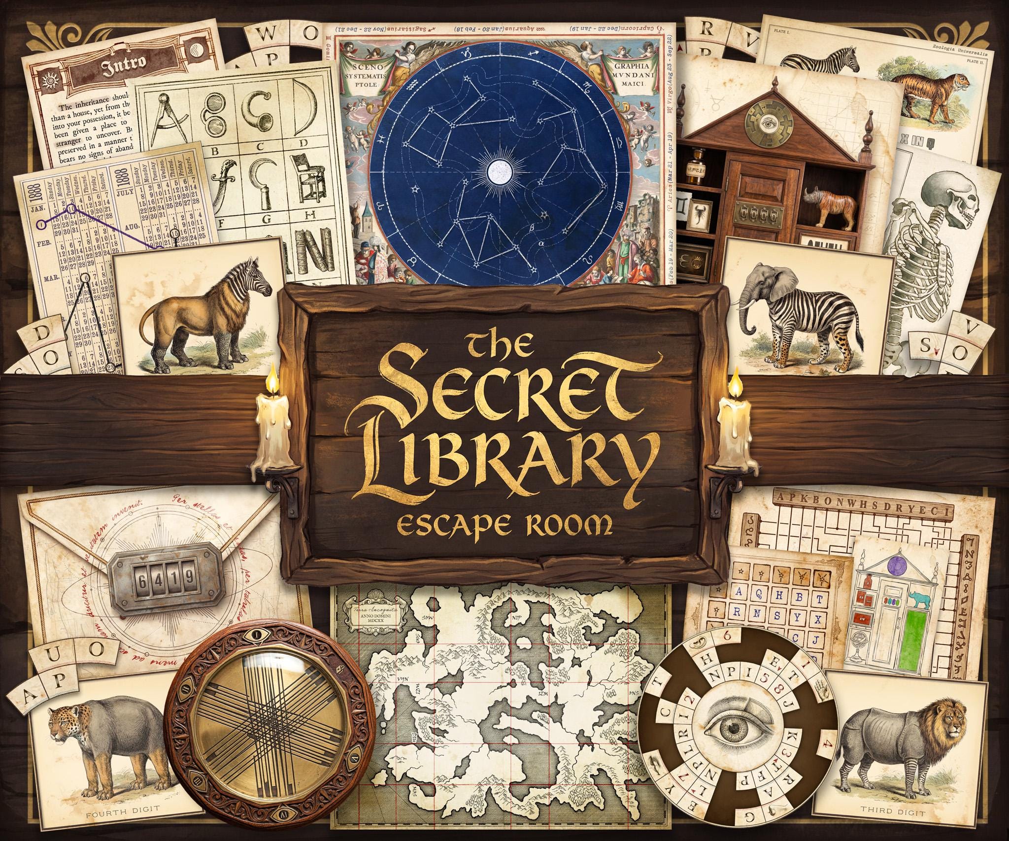 Printable escape room game cover for “The Secret Library Escape Room,” featuring vintage puzzle elements, cipher wheels, constellation chart, antique maps, and coded envelopes arranged around a wooden title sign. Immersive mystery-themed DIY escape room at home with detective-style clues, riddles, and hidden codes. Perfect for adults, teens, and puzzle lovers. Instant download printable escape room kit for game night, date night, or party activity with engaging logic puzzles.